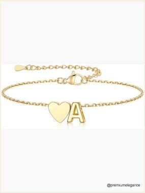 Initial Heart Bracelet Charm with Adjustable Chain Dainty Gold